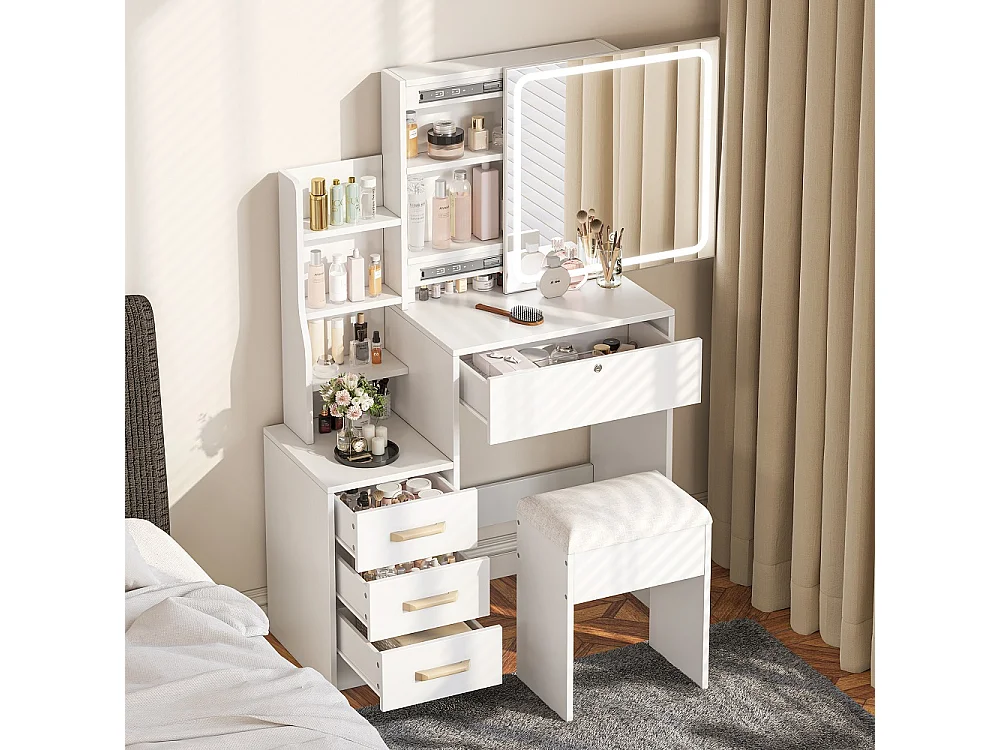 Bureau de vanité avec miroir à LED - dressing de maquillage avec 4 tiroirs et étagères de rangement ouvertes, tabouret coussiné - blanc