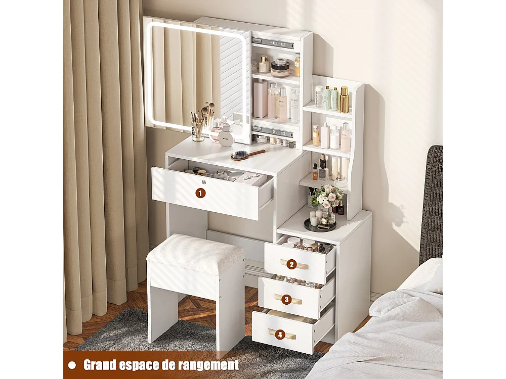 Bureau de vanité avec miroir à LED - dressing de maquillage avec 4 tiroirs et étagères de rangement ouvertes, tabouret coussiné - blanc