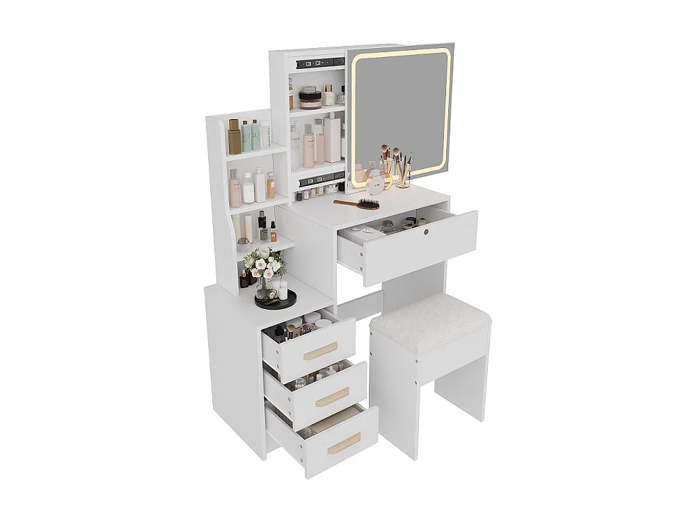 Bureau de vanité avec miroir à LED - dressing de maquillage avec 4 tiroirs et étagères de rangement ouvertes, tabouret coussiné - blanc