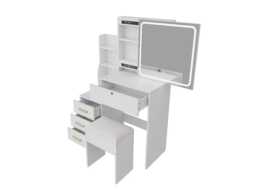 Bureau de vanité avec miroir à LED - dressing de maquillage avec 4 tiroirs et étagères de rangement ouvertes, tabouret coussiné - blanc