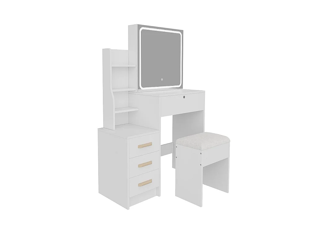 Bureau de vanité avec miroir à LED - dressing de maquillage avec 4 tiroirs et étagères de rangement ouvertes, tabouret coussiné - blanc