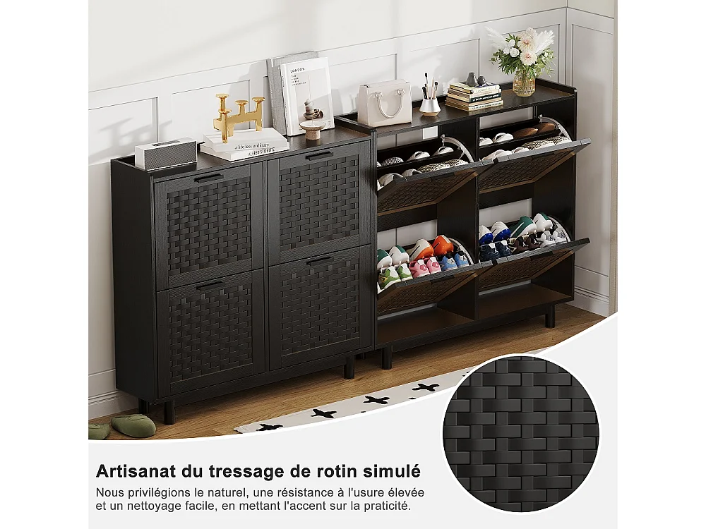 Rattan Armoire de stockage de chaussures - 4 tiroirs à basculement Organizateur de chaussures avec étagère réglable - Armoire de chaussures autonome - noir