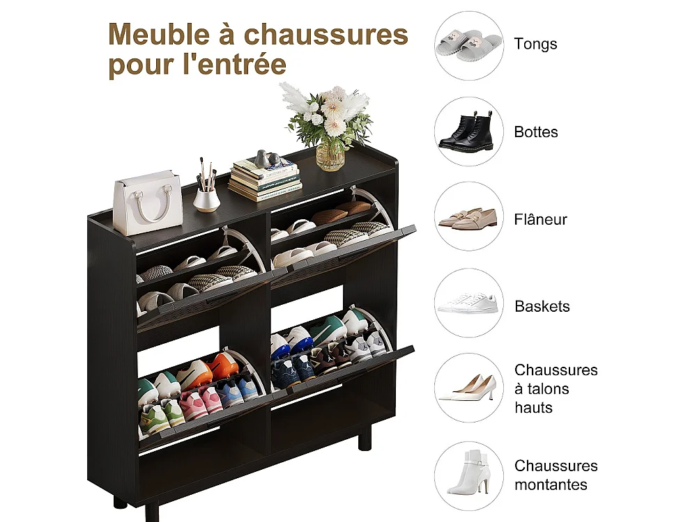 Rattan Armoire de stockage de chaussures - 4 tiroirs à basculement Organizateur de chaussures avec étagère réglable - Armoire de chaussures autonome - noir