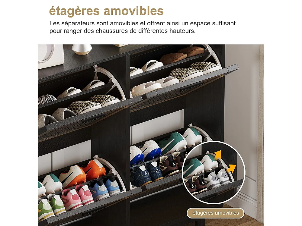 Rattan Armoire de stockage de chaussures - 4 tiroirs à basculement Organizateur de chaussures avec étagère réglable - Armoire de chaussures autonome - noir