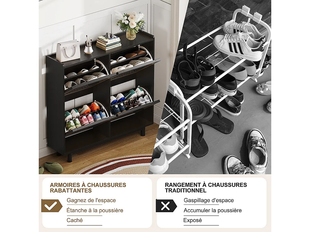 Rattan Armoire de stockage de chaussures - 4 tiroirs à basculement Organizateur de chaussures avec étagère réglable - Armoire de chaussures autonome - noir
