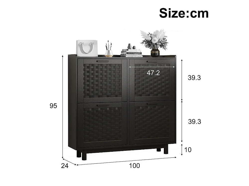 Rattan Armoire de stockage de chaussures - 4 tiroirs à basculement Organizateur de chaussures avec étagère réglable - Armoire de chaussures autonome - noir