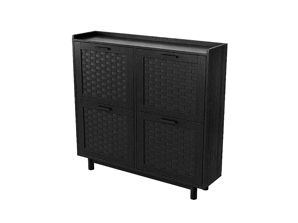 Rattan Armoire de stockage de chaussures - 4 tiroirs à basculement Organizateur de chaussures avec étagère réglable - Armoire de chaussures autonome - noir