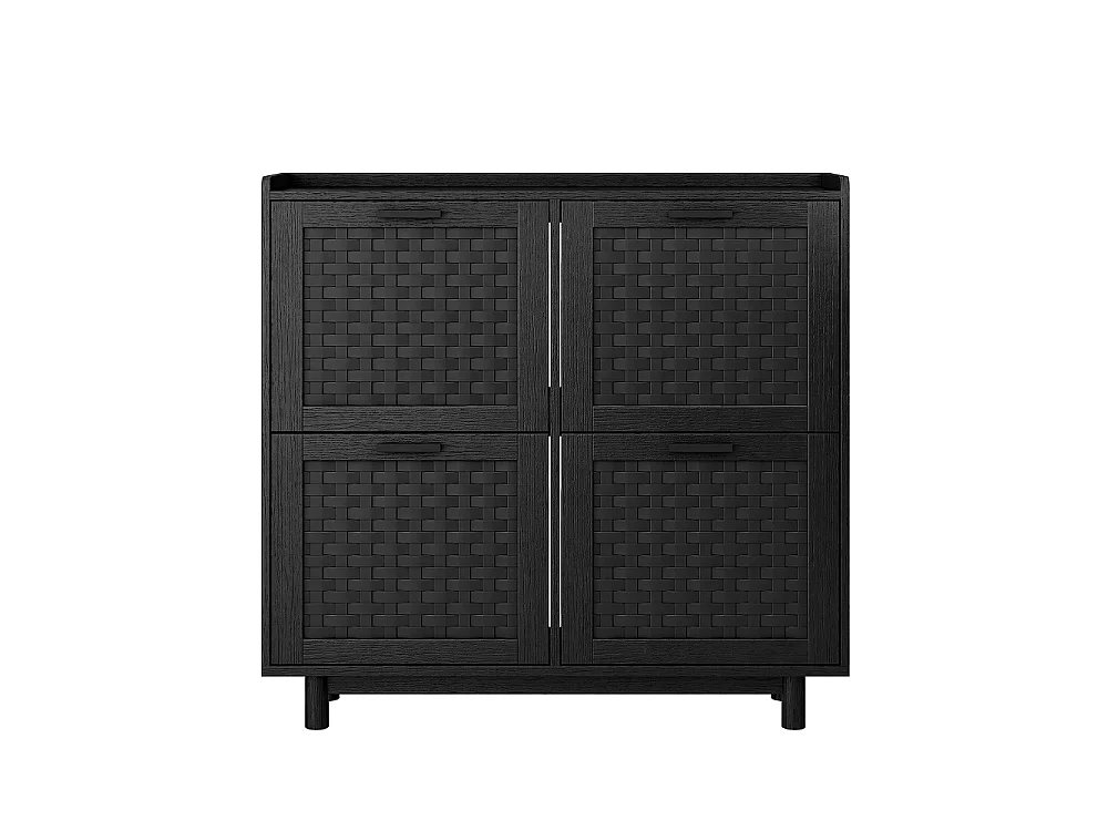 Rattan Armoire de stockage de chaussures - 4 tiroirs à basculement Organizateur de chaussures avec étagère réglable - Armoire de chaussures autonome - noir