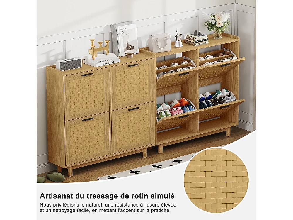 Rattan Armoire de stockage de chaussures - 4 tiroirs à basculement Organizateur de chaussures avec étagère réglable - Armoire de chaussures autonome - chêne