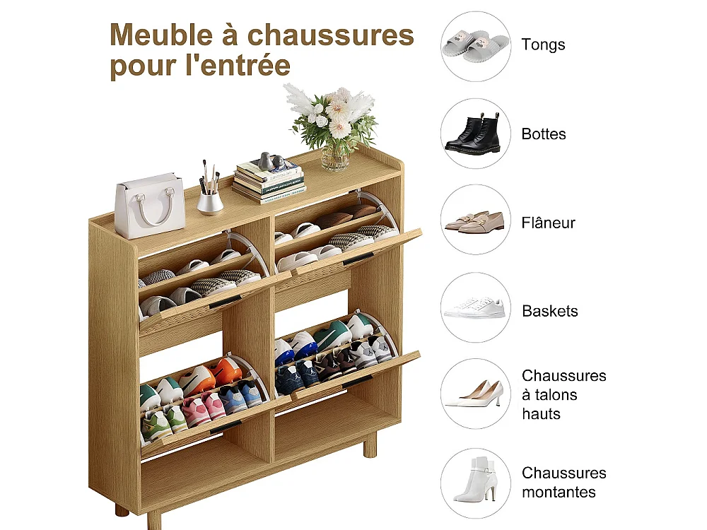 Rattan Armoire de stockage de chaussures - 4 tiroirs à basculement Organizateur de chaussures avec étagère réglable - Armoire de chaussures autonome - chêne