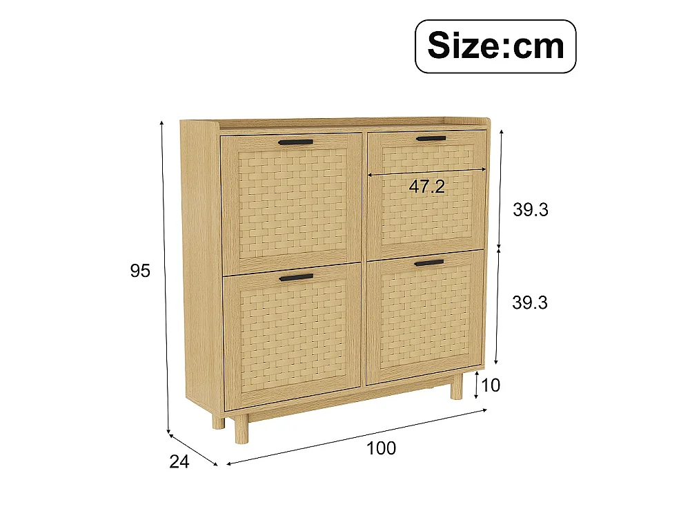 Rattan Armoire de stockage de chaussures - 4 tiroirs à basculement Organizateur de chaussures avec étagère réglable - Armoire de chaussures autonome - chêne