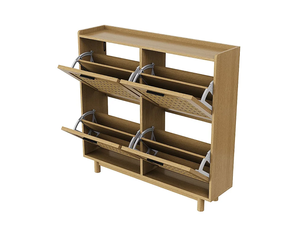 Rattan Armoire de stockage de chaussures - 4 tiroirs à basculement Organizateur de chaussures avec étagère réglable - Armoire de chaussures autonome - chêne