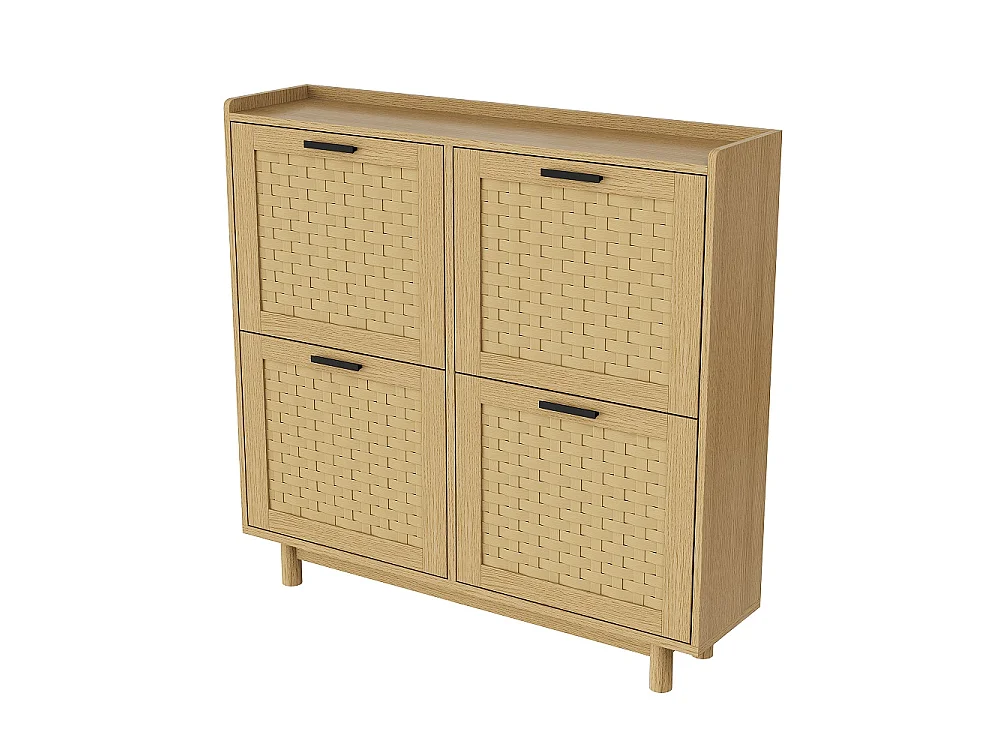 Rattan Armoire de stockage de chaussures - 4 tiroirs à basculement Organizateur de chaussures avec étagère réglable - Armoire de chaussures autonome - chêne