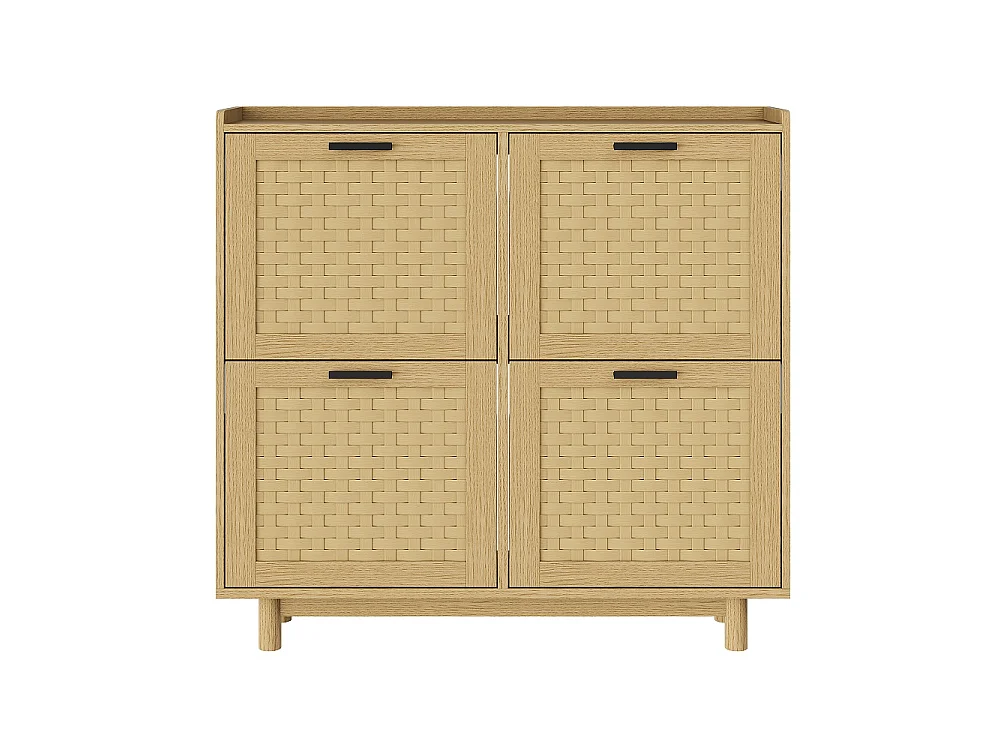Rattan Armoire de stockage de chaussures - 4 tiroirs à basculement Organizateur de chaussures avec étagère réglable - Armoire de chaussures autonome - chêne