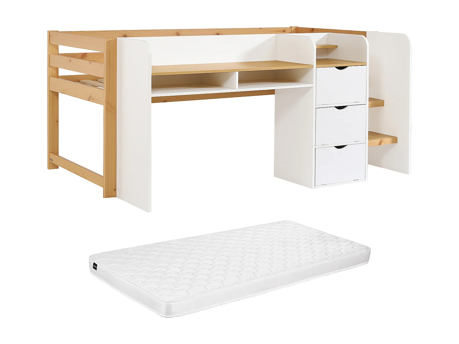 Lit combiné 90 x 200 cm avec rangement et bureau – Blanc et naturel + Matelas – MYLOVAL