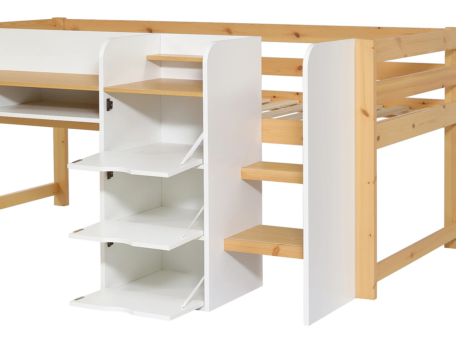 Lit combiné 90 x 200 cm avec rangement et bureau – Blanc et naturel + Matelas – MYLOVAL