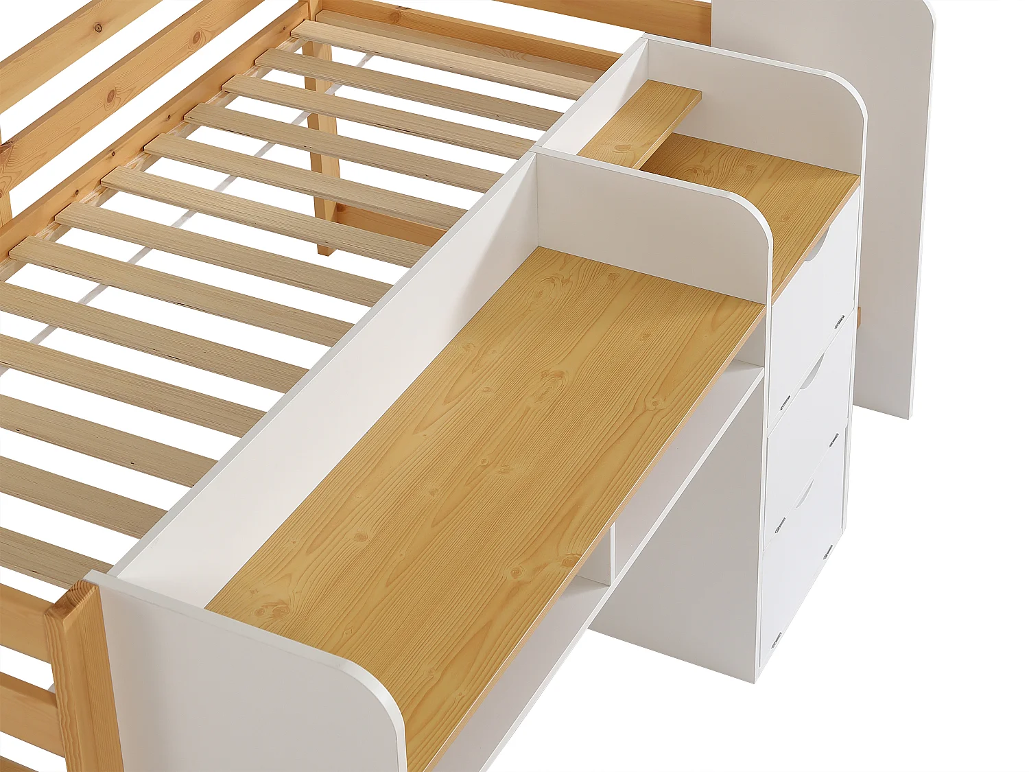 Lit combiné 90 x 200 cm avec rangement et bureau – Blanc et naturel + Matelas – MYLOVAL