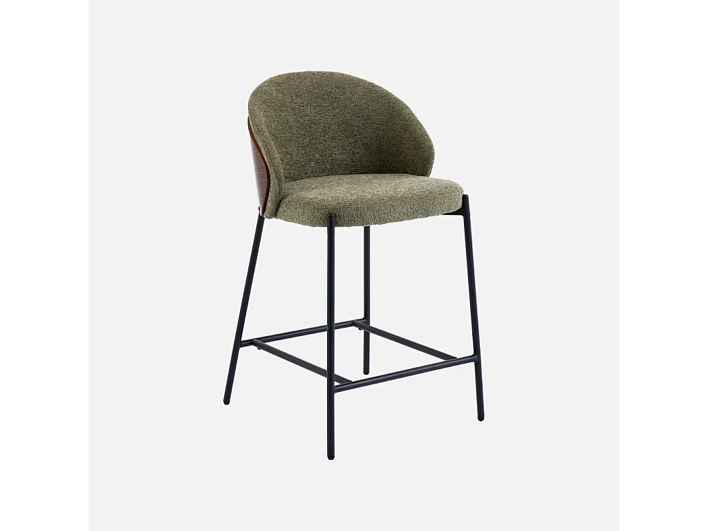 Lot de 2 tabourets de bar bois de peuplier teinté noyer. acier noir et tissu texturé kaki - Paul