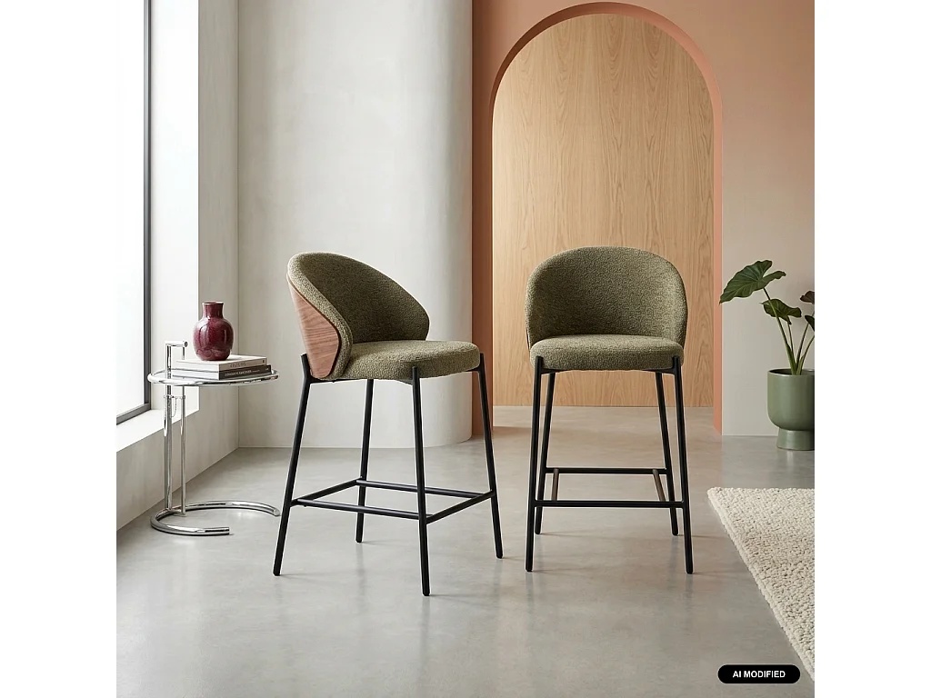 Lot de 2 tabourets de bar bois de peuplier teinté noyer. acier noir et tissu texturé kaki - Paul