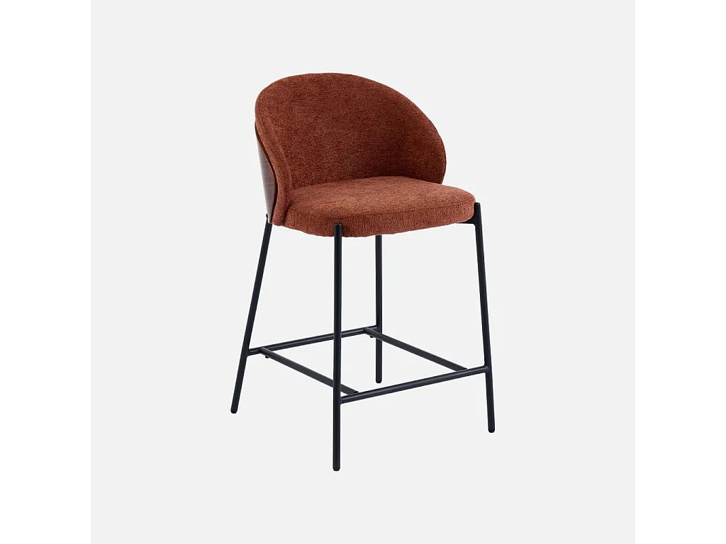 Lot de 2 tabourets de bar bois de peuplier teinté noyer. acier noir et tissu texturé terracotta - Paul