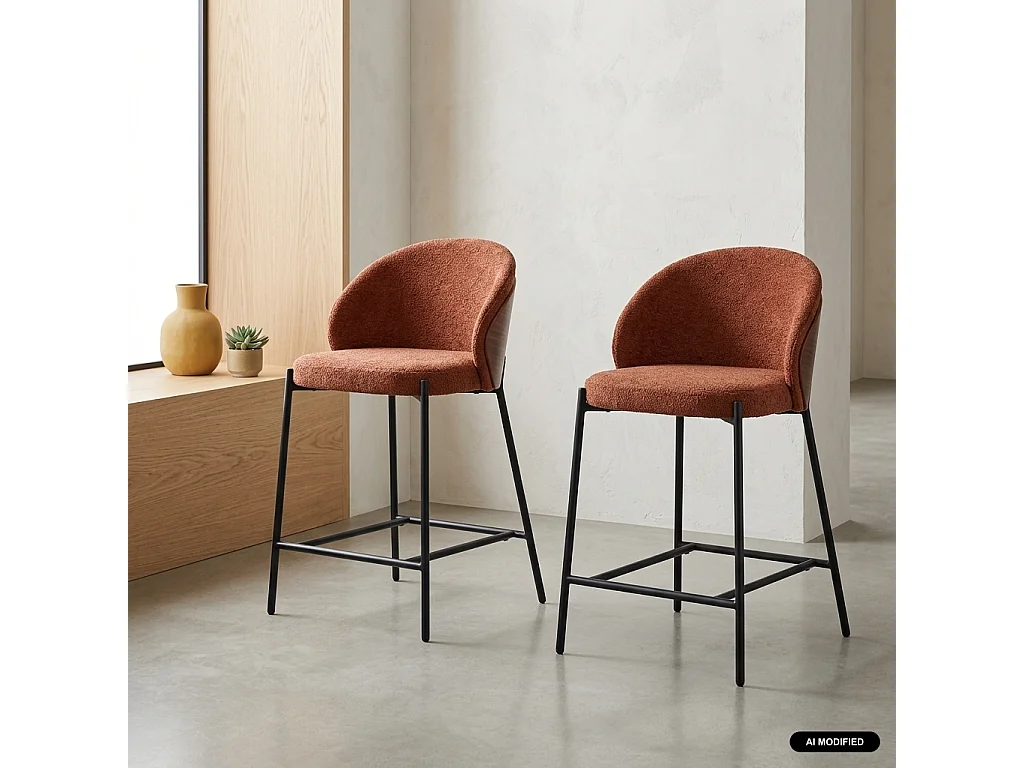 Lot de 2 tabourets de bar bois de peuplier teinté noyer. acier noir et tissu texturé terracotta - Paul