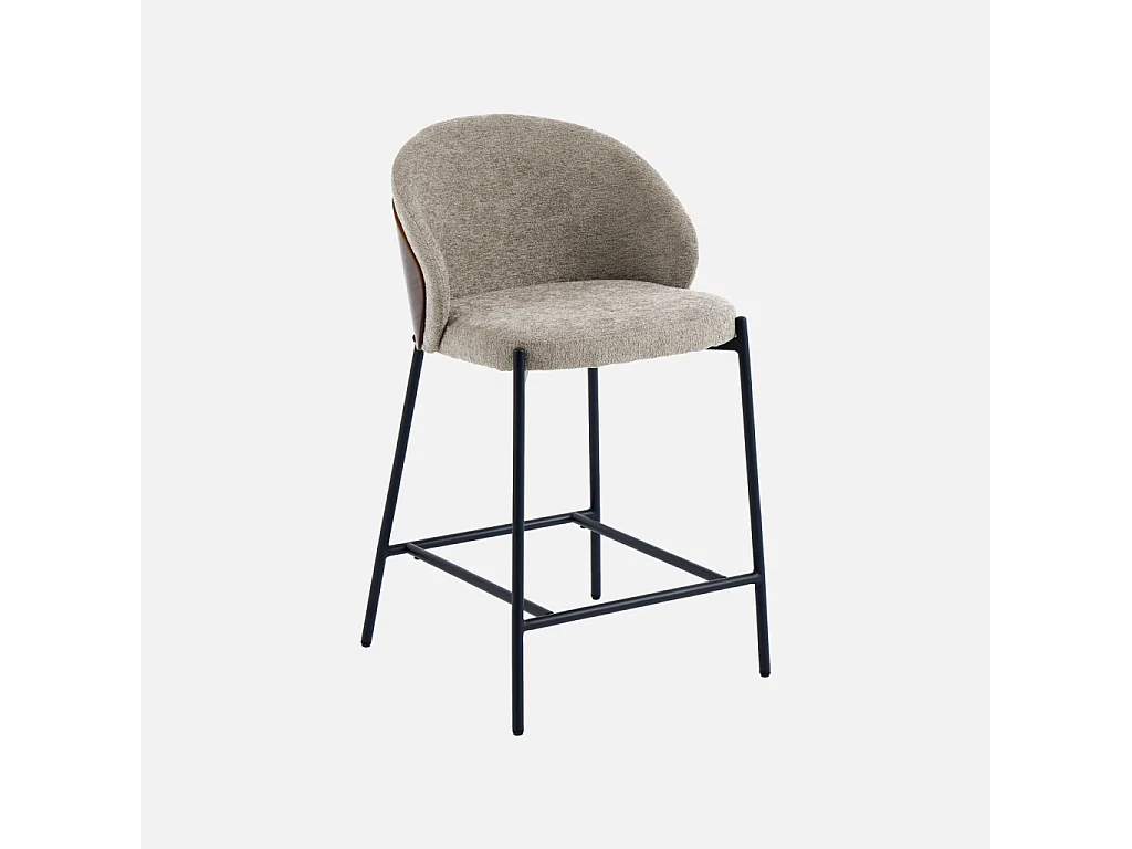 Lot de 2 tabourets de bar bois de peuplier teinté noyer. acier noir et tissu texturé taupe - Paul