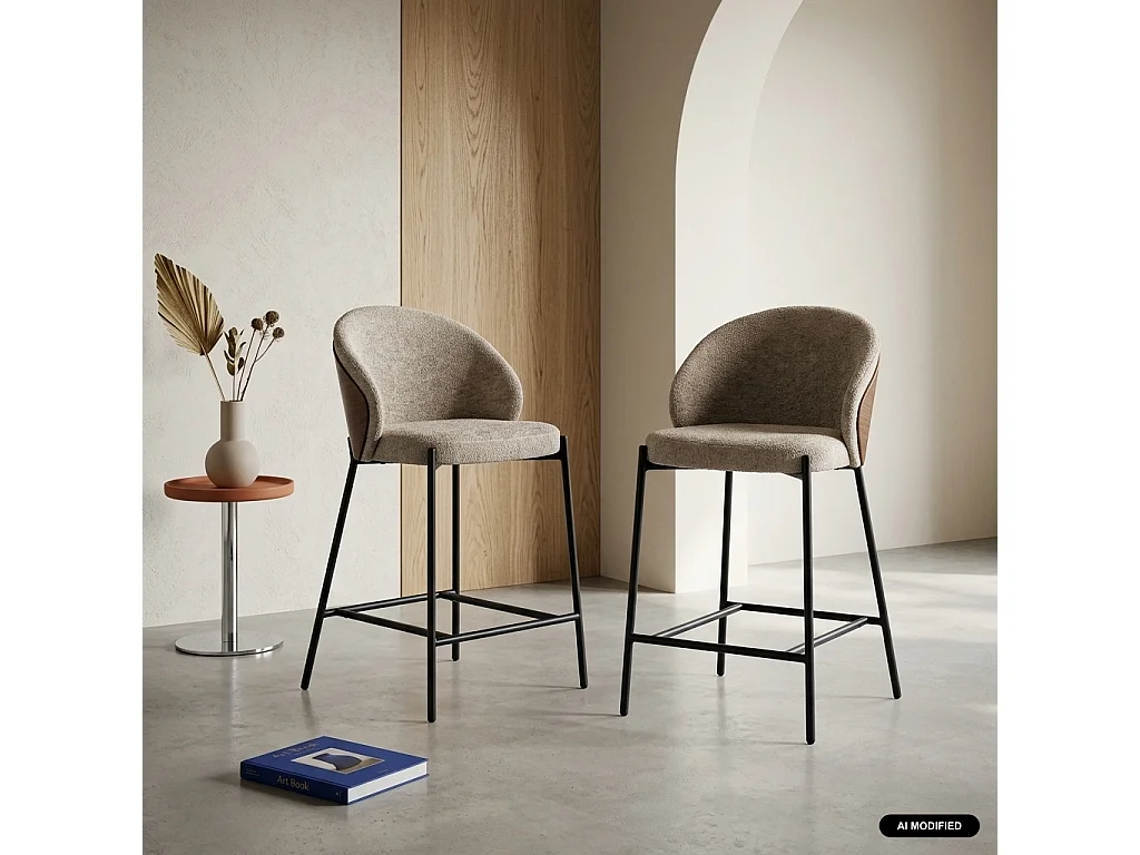 Lot de 2 tabourets de bar bois de peuplier teinté noyer. acier noir et tissu texturé taupe - Paul