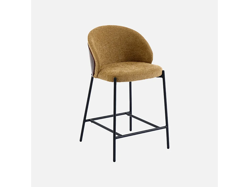 Lot de 2 tabourets de bar bois de peuplier teinté noyer. acier noir et tissu texturé moutarde - Paul