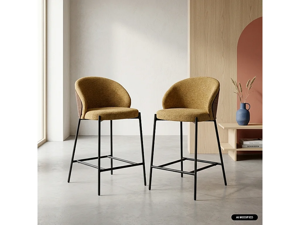 Lot de 2 tabourets de bar bois de peuplier teinté noyer. acier noir et tissu texturé moutarde - Paul