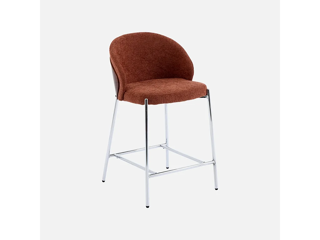 Lot de 2 tabourets de bar bois de peuplier teinté noyer. acier chromé et tissu texturé terracotta - Paul