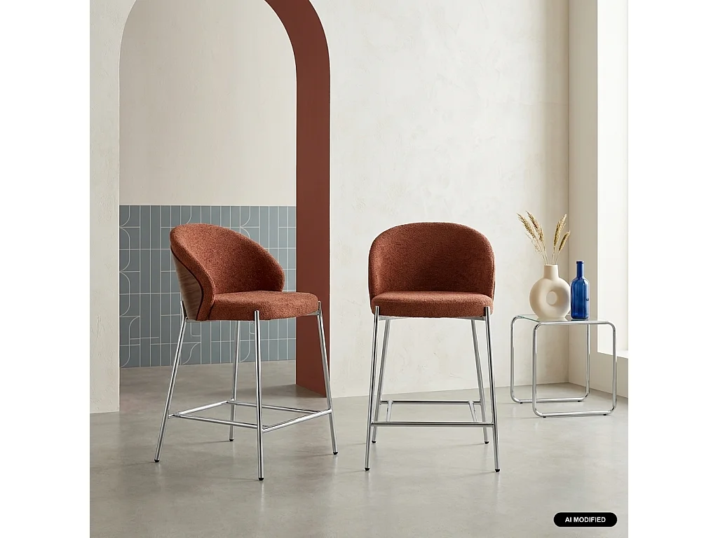 Lot de 2 tabourets de bar bois de peuplier teinté noyer. acier chromé et tissu texturé terracotta - Paul