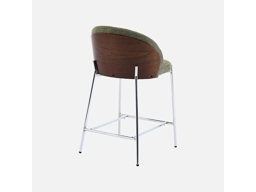 Lot de 2 tabourets de bar bois de peuplier teinté noyer. acier chromé et tissu texturé kaki - Paul