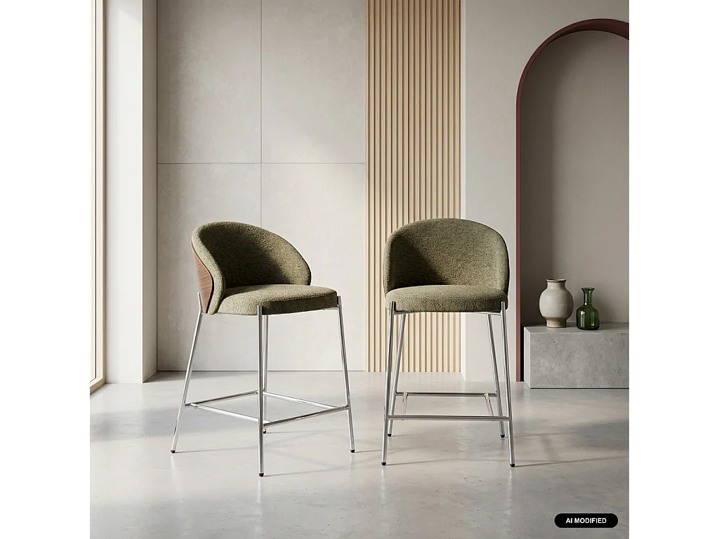 Lot de 2 tabourets de bar bois de peuplier teinté noyer. acier chromé et tissu texturé kaki - Paul