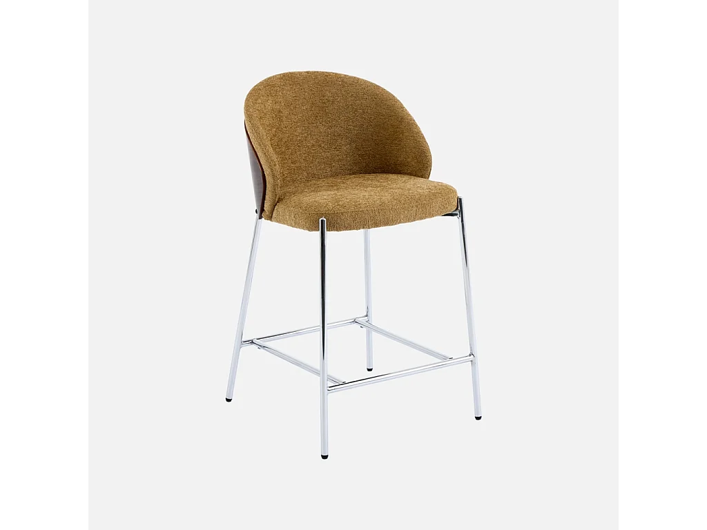 Lot de 2 tabourets de bar bois de peuplier teinté noyer. acier chromé et tissu texturé moutarde - Paul