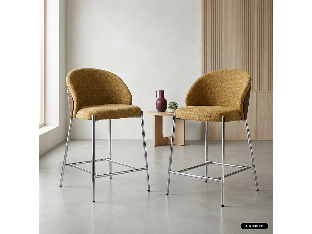Lot de 2 tabourets de bar bois de peuplier teinté noyer. acier chromé et tissu texturé moutarde - Paul