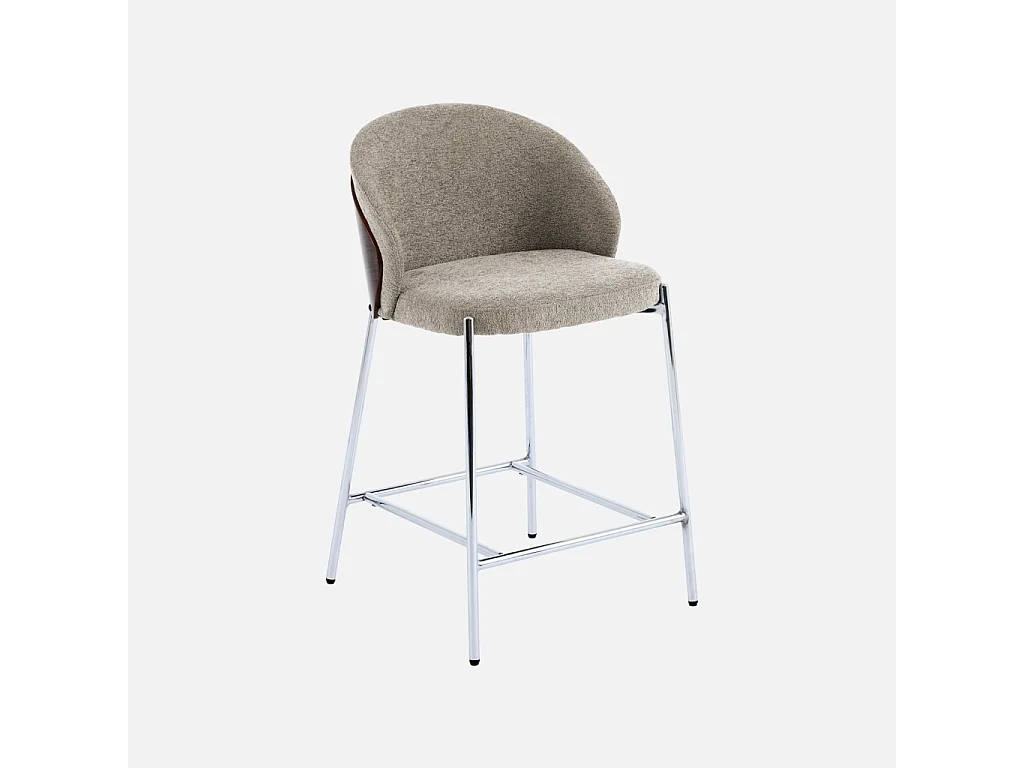 Lot de 2 tabourets de bar bois de peuplier teinté noyer. acier chromé et tissu texturé taupe - Paul