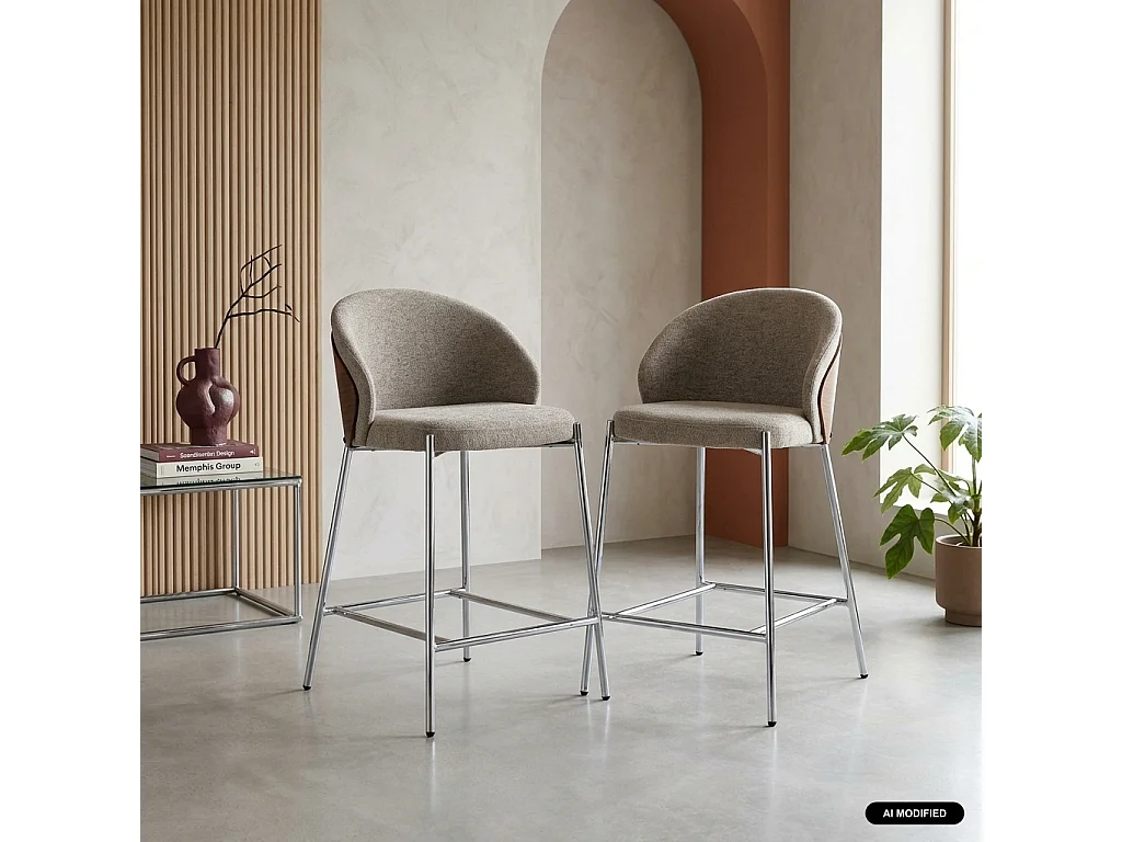 Lot de 2 tabourets de bar bois de peuplier teinté noyer. acier chromé et tissu texturé taupe - Paul
