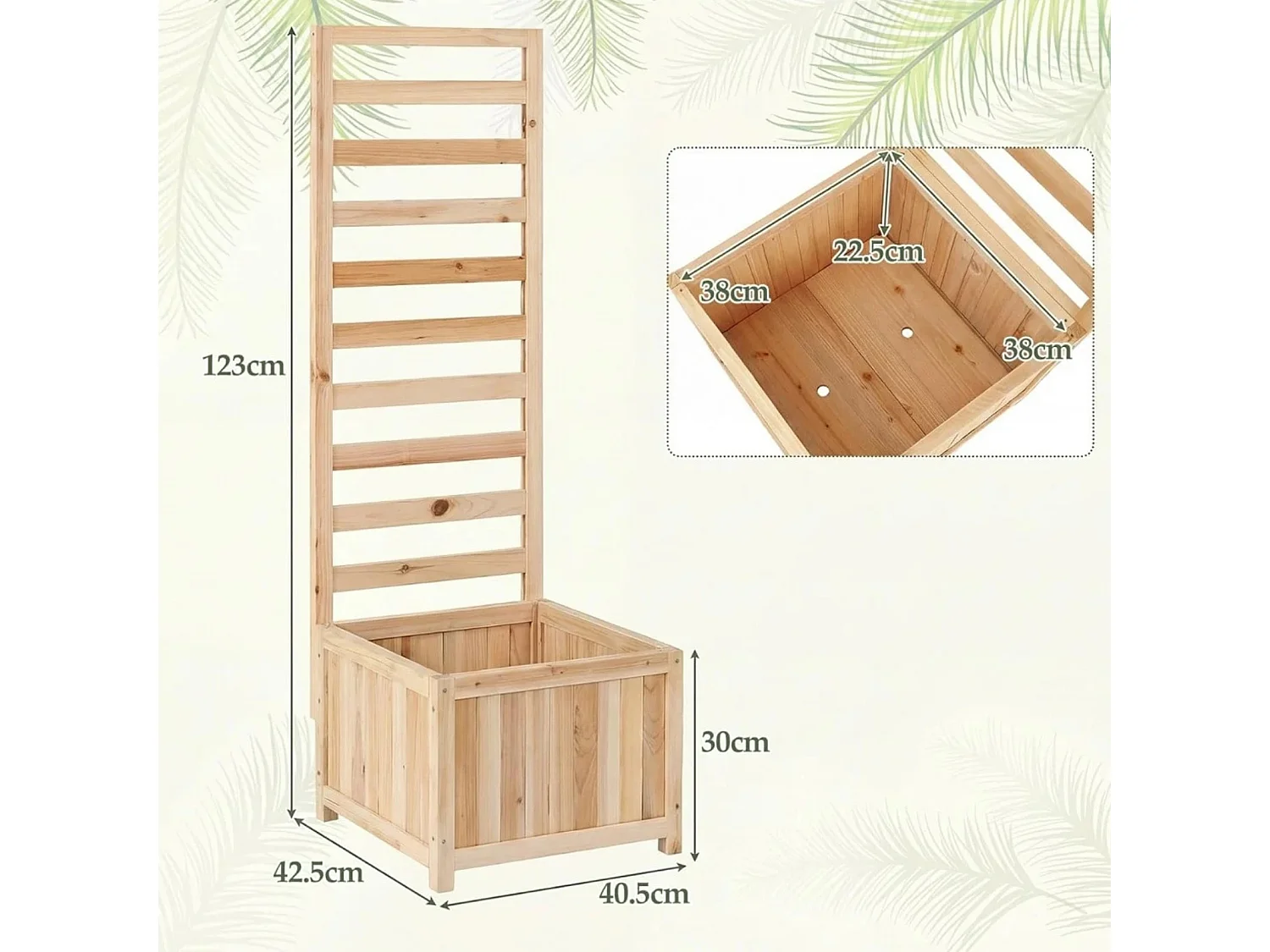 Holzkiste für den Garten mit Gitter für Kletterpflanzen