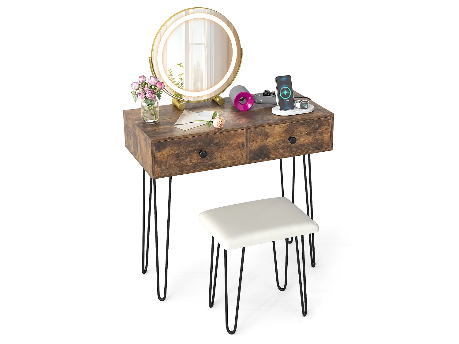 Toiletbord med belysning Toiletbord til makeup med opladningsstation