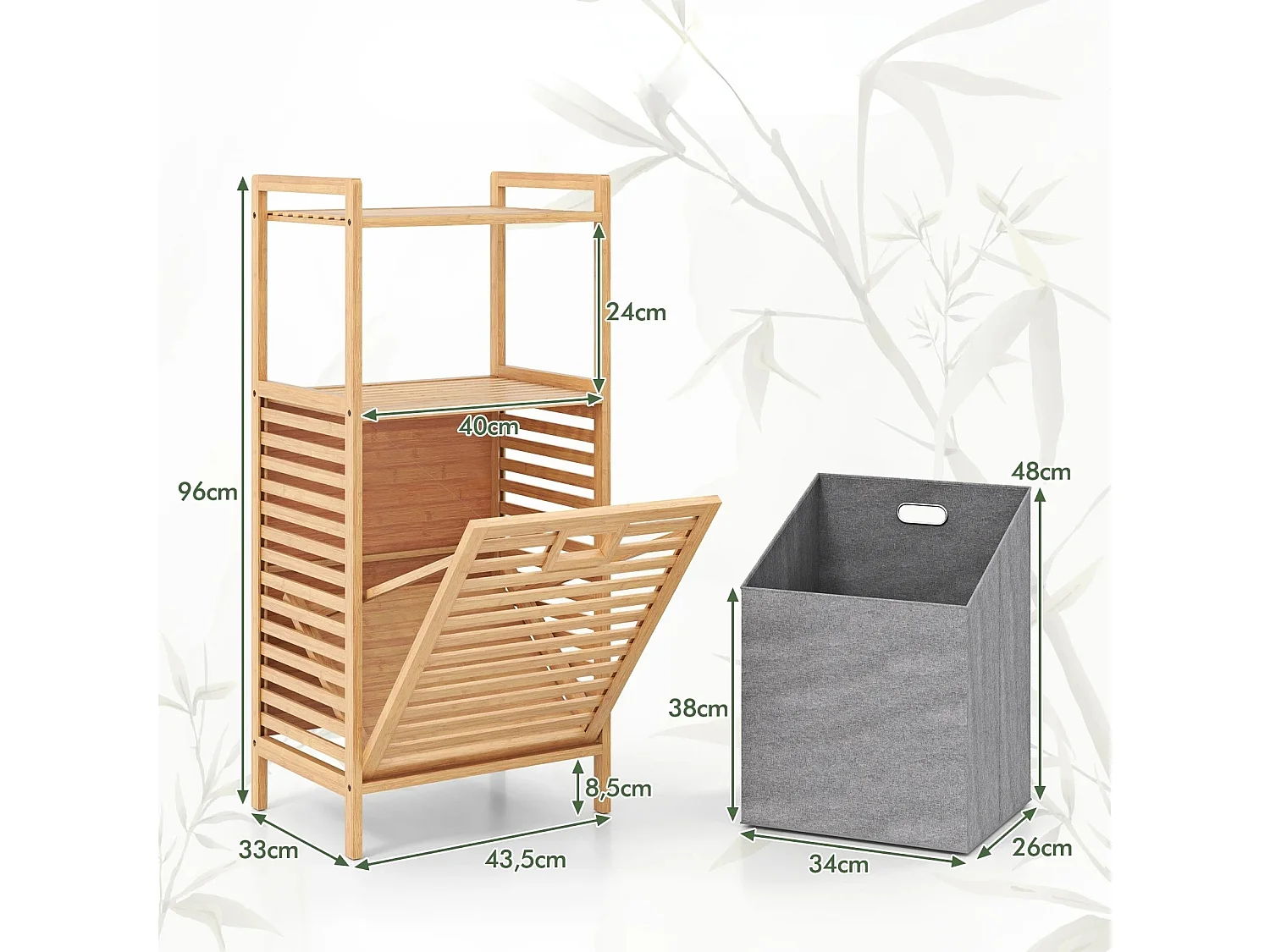 Badezimmerschrank mit Wäschekorb, 43,5 x 33 x 96 cm