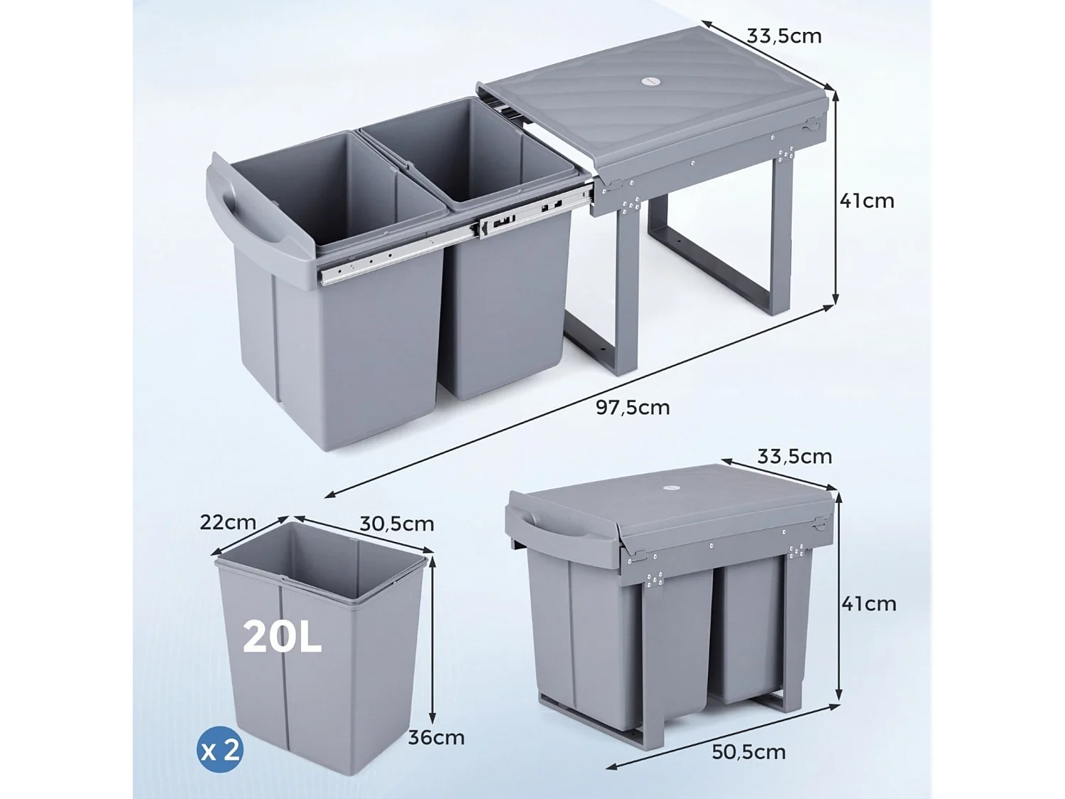 Küche Abfalleimer mit 2 Fächer Ausziehbarer Küchenmülleimer mit ABS Deckel Mülltrennsystem Grau
