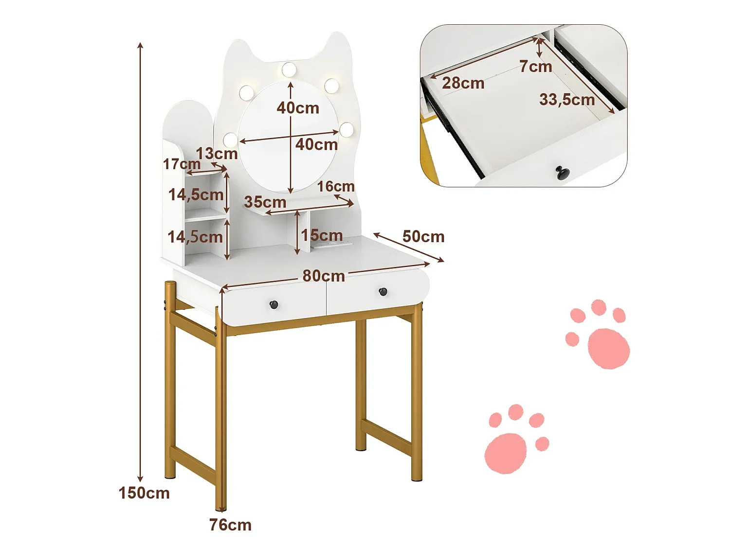 Schminktisch in Katzenform mit Spiegel & Beleuchtung & Schubladen Frisiertisch Weiß