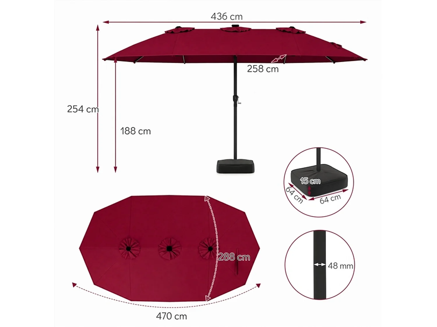 Parasol de jardin double avec pied et lampes LED solaires