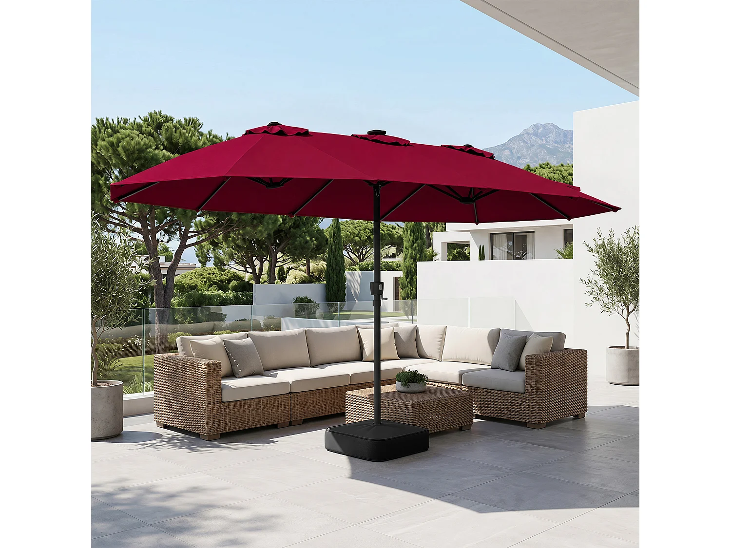 Parasol de jardin double avec pied et lampes LED solaires