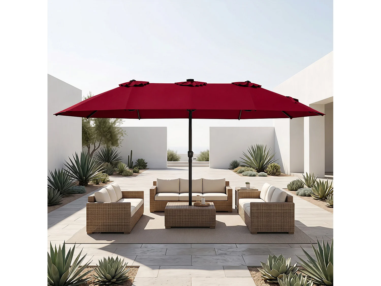 Parasol de jardin double avec pied et lampes LED solaires