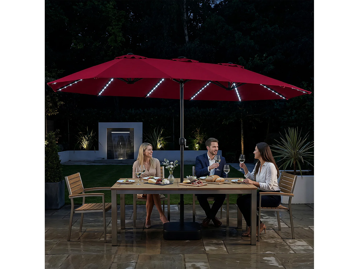 Parasol de jardin double avec pied et lampes LED solaires