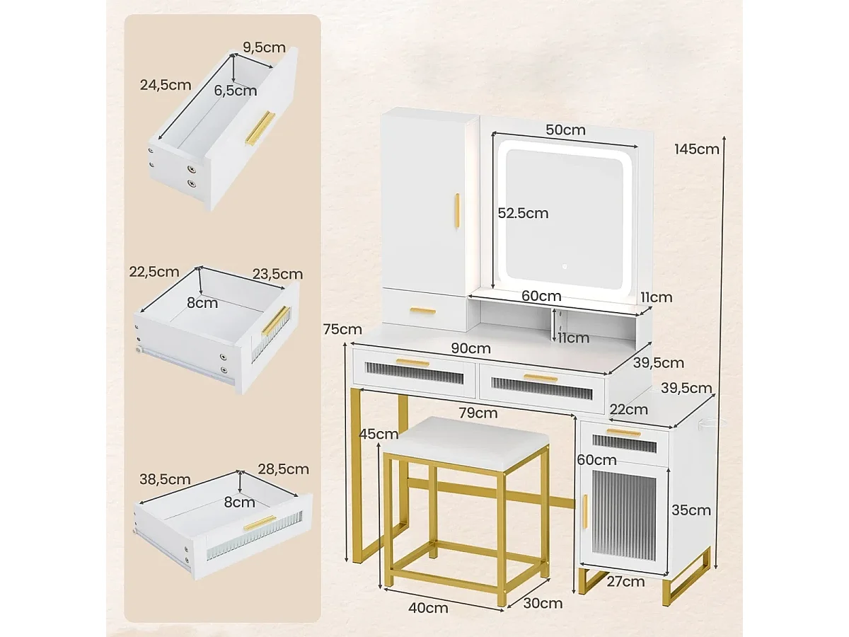 Schminktisch mit LED-Beleuchtung & Ladestation & Hocker Frisiertisch Schmuckschrank