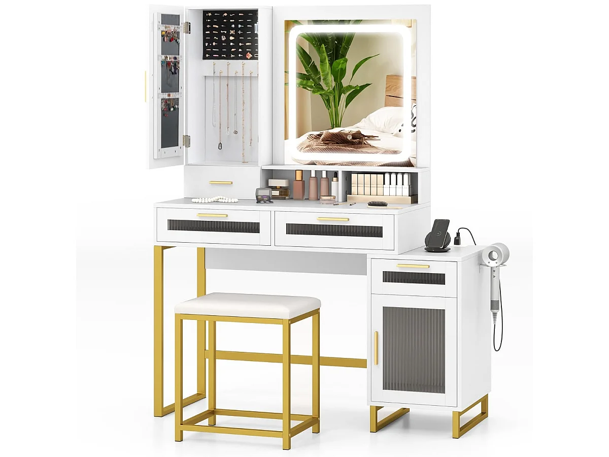 Schminktisch mit LED-Beleuchtung & Ladestation & Hocker Frisiertisch Schmuckschrank