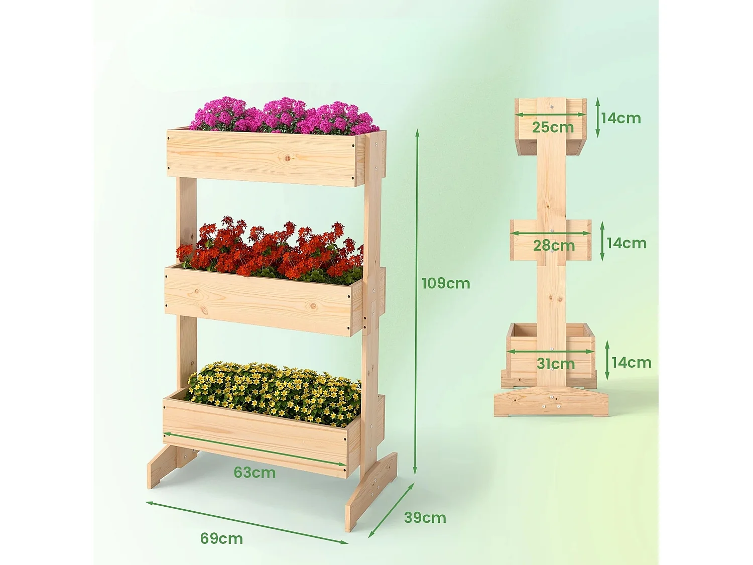 Fioriera con 3 vasi per piante 69 x 39 x 109 cm