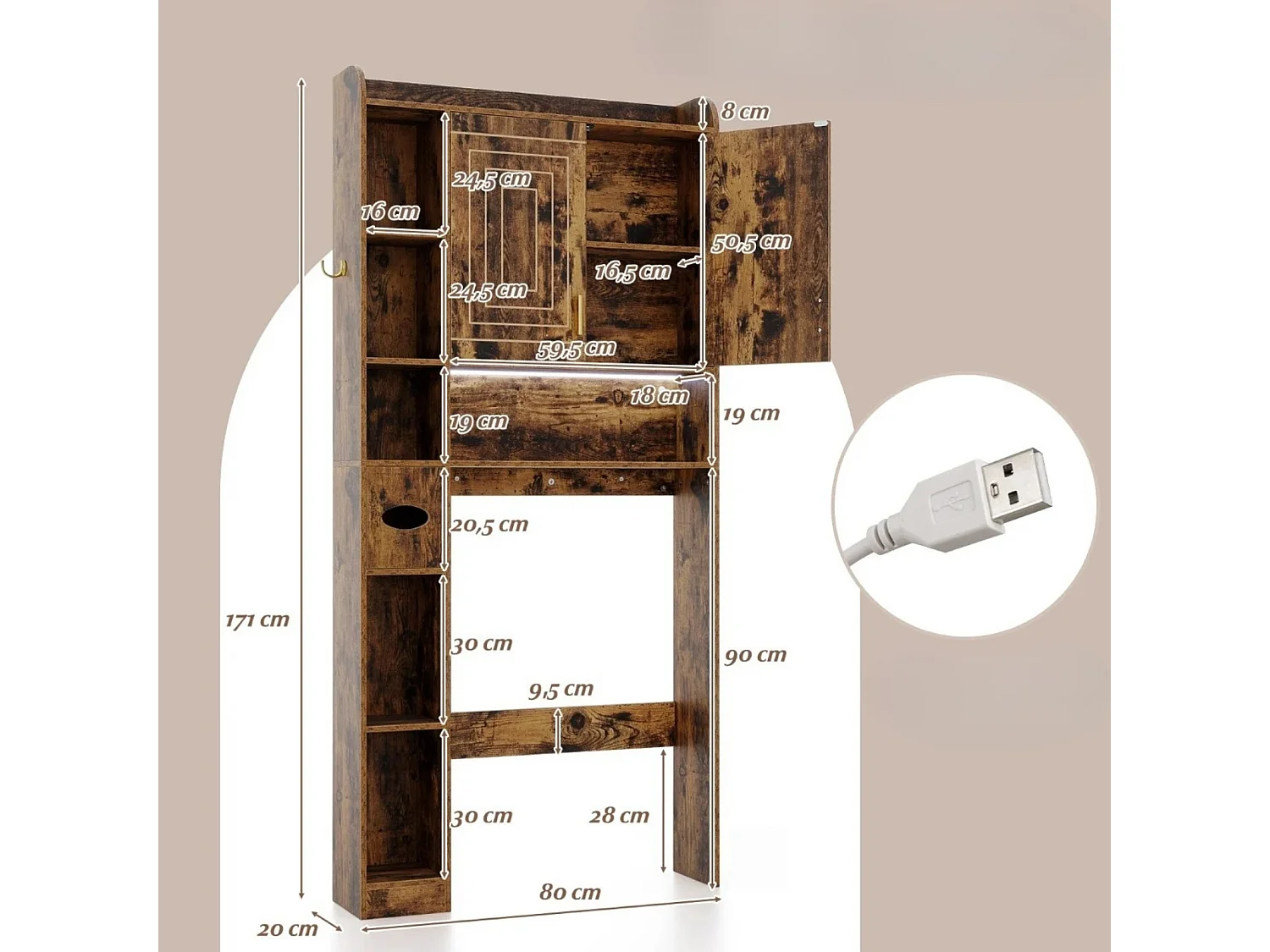 Armoire de salle de bains avec éclairage LED Armoire de salle de bains à installer au-dessus des toilettes